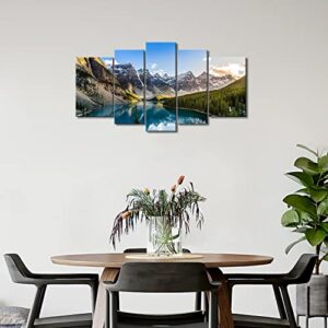 Wall Art Decor Poster Painting On Canvas Print Pictures 5 Pieces Moraine Lake And Mountain Range Sunset Canadian Rocky Mountains Landscape Framed Picture For Home Decoration Living Room Artwork