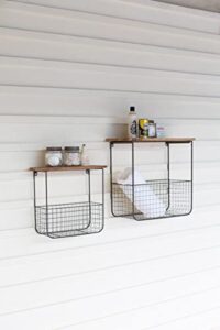 kalalou cq7385 set of two wire basket shelves wthi recycled wood tops, brown