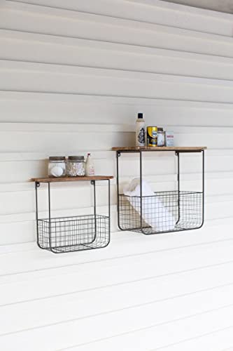 KALALOU CQ7385 Set of Two Wire Basket Shelves Wthi Recycled Wood Tops, Brown