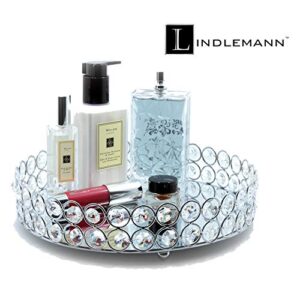 LINDLEMANN Decorative Tray - Metal Mirrored Ornate Crystal Vanity Tray - Elegant Design for Perfume Jewelry Makeup, Easter & Mothers' Day Gift (Round, 10in, Silver)