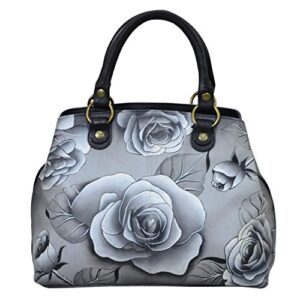 anna by anuschka womens multi-compartment satchel shoulder handbag – genuine leather, romantic rose black, one size us