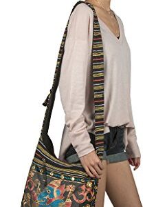 Women Hobo OM Black Cross Body Shoulder Bag Elephant Embroidered School Everyday Shopping Casual Lightweight