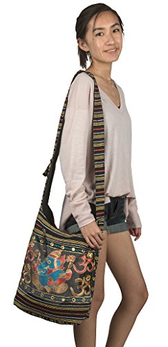 Women Hobo OM Black Cross Body Shoulder Bag Elephant Embroidered School Everyday Shopping Casual Lightweight