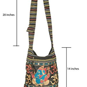 Women Hobo OM Black Cross Body Shoulder Bag Elephant Embroidered School Everyday Shopping Casual Lightweight