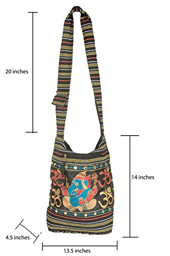 Women Hobo OM Black Cross Body Shoulder Bag Elephant Embroidered School Everyday Shopping Casual Lightweight