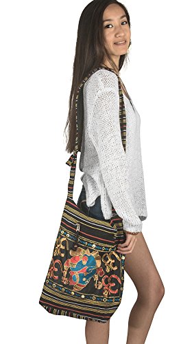 Women Hobo OM Black Cross Body Shoulder Bag Elephant Embroidered School Everyday Shopping Casual Lightweight