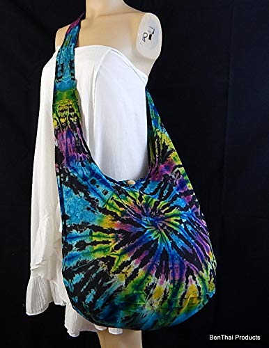 BTP! Tie Dye Sling Crossbody Shoulder Bag Purse Hippie Hobo Cotton Bohemian Colorful Firework, Random Spiral Dark Tone, Large