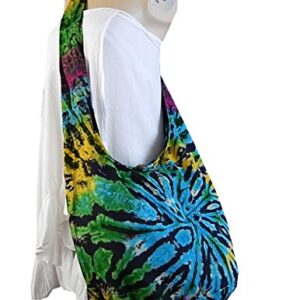 BTP! Tie Dye Sling Crossbody Shoulder Bag Purse Hippie Hobo Cotton Bohemian Colorful Firework, Random Spiral Dark Tone, Large