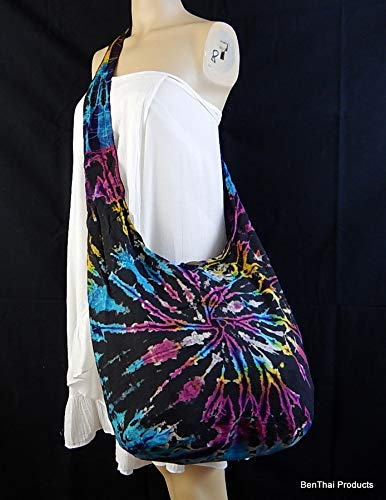 BTP! Tie Dye Sling Crossbody Shoulder Bag Purse Hippie Hobo Cotton Bohemian Colorful Firework, Random Spiral Dark Tone, Large