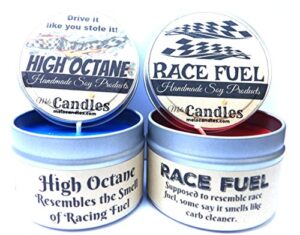 combo set – 4oz high octane & 4oz race fuel soy candle tins – great gift for men & race fans
