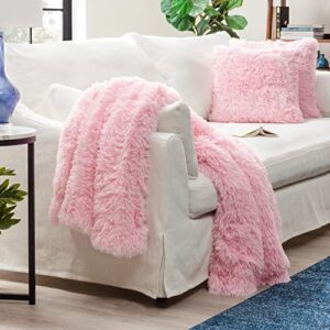 chanasya fuzzy shaggy faux fur throw blanket and pillow cover 3-piece set – lightweight plush sherpa throw (50×65 inches) and 2 matching throw pillow covers (18×18 inches) for bed couch – pink