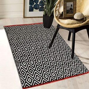 The Home Talk Cotton Area Rug | Carpets Suitable for Living Room, Bedroom, Dining Room, Home Décor | Handcrafted Traditional Rugs | Non-Skid | Diamond Contemporary | 24’’ x 36’’ | Black Store