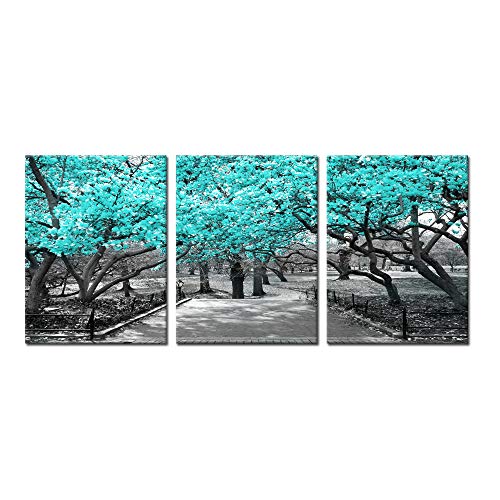 iKNOW FOTO 3 Pieces Canvas Wall Art for Bedroom Black White and Teal Cherry Blossom Trees Picture Giclee Prints Home Decor Modern Framed Artwork for Dining Room Kitchen Bathroom Office 12x16inchx3