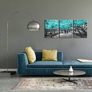 iKNOW FOTO 3 Pieces Canvas Wall Art for Bedroom Black White and Teal Cherry Blossom Trees Picture Giclee Prints Home Decor Modern Framed Artwork for Dining Room Kitchen Bathroom Office 12x16inchx3