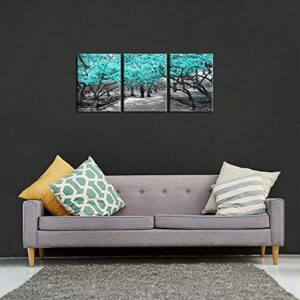 iKNOW FOTO 3 Pieces Canvas Wall Art for Bedroom Black White and Teal Cherry Blossom Trees Picture Giclee Prints Home Decor Modern Framed Artwork for Dining Room Kitchen Bathroom Office 12x16inchx3