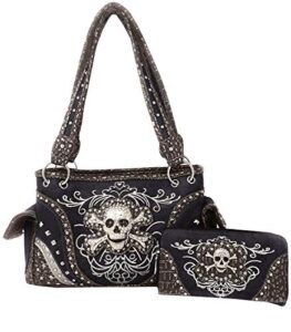 western skull bones skeleton purse handbag concealed carry gun pocket matching wallet (black)