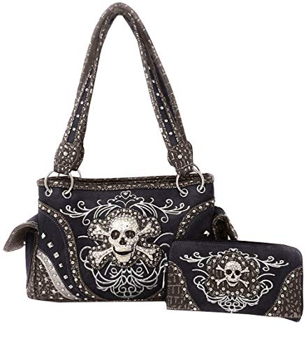 Western Skull Bones Skeleton Purse Handbag Concealed Carry Gun Pocket Matching Wallet (Black)