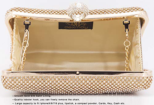 Dexmay Rhinestone Crystal Ring Clutch Purse Luxury Evening Bag for Bridal Wedding Party Gold