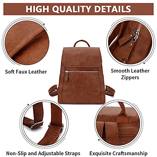 Backpack Purse for Women,Brown Faux Leather Daypack Vegan Travel Bag Bookbag with Flap for Ladies Girls VONXURY