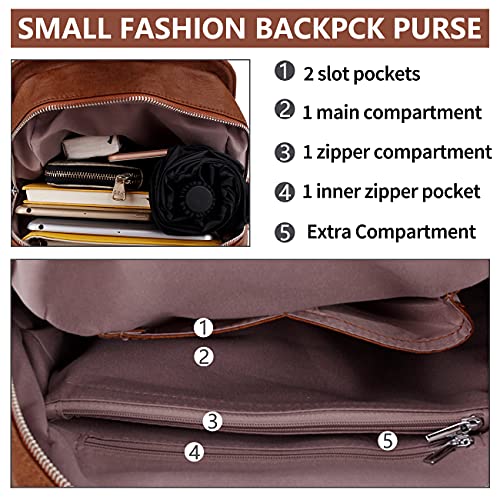 Backpack Purse for Women,Brown Faux Leather Daypack Vegan Travel Bag Bookbag with Flap for Ladies Girls VONXURY