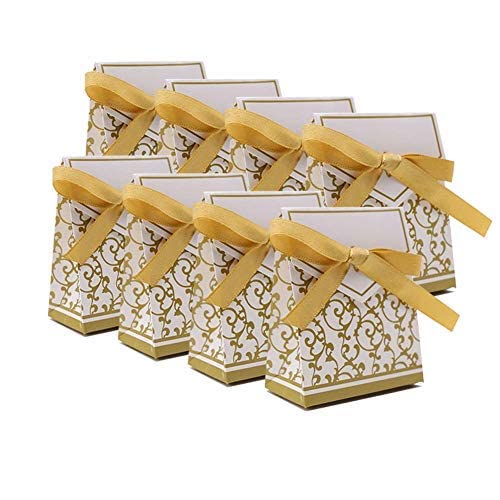 KUPOO 50PCS Candy Boxes,Gold Ribbon Wedding Favor Boxes Candy Bag Cake Box for Wedding Party Decoration Easter (gold)