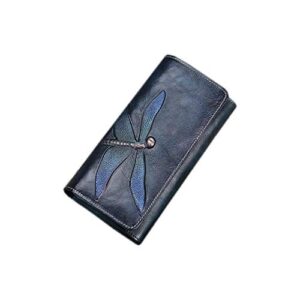 kiminii slim wallets for women embossed dragonfly handmade leather wallet cellphone clutch holder purse 9630 (blue)