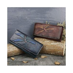 KIMINII Slim Wallets for Women Embossed Dragonfly Handmade Leather Wallet Cellphone Clutch Holder Purse 9630 (Blue)