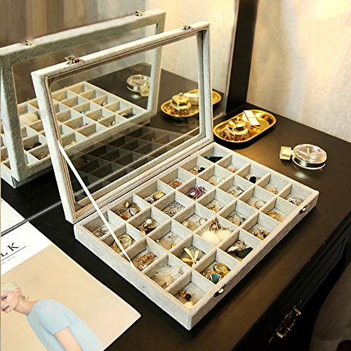 Wudygirl Clear Lid 30 Grid Jewelry Organizer Box Storage Case Showcase Display Jewelry Tray Stackable Removable Ice Velvet(30 Grid)