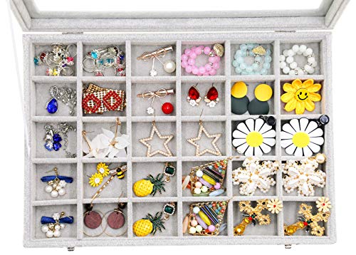 Wudygirl Clear Lid 30 Grid Jewelry Organizer Box Storage Case Showcase Display Jewelry Tray Stackable Removable Ice Velvet(30 Grid)