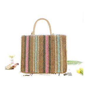 qtkj fashion women straw zipper tote bag summer beach colorful shoulder bag with woven shoulder strap