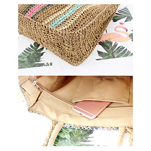 QTKJ Fashion Women Straw Zipper Tote Bag Summer Beach Colorful Shoulder Bag with Woven Shoulder Strap