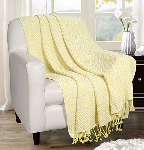 Throw Blanket With Fringes In Diamond Design 50x60 Inch -Lime Yellow Cotton Throw For Sofa, Chair, Bed, & Everyday Use, Well crafted for durability, Farmhouse Throw,All Season Throw Blanket