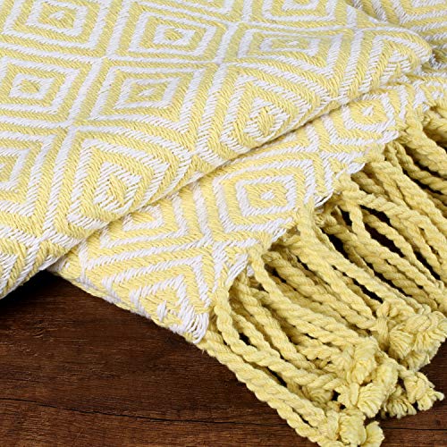 Throw Blanket With Fringes In Diamond Design 50x60 Inch -Lime Yellow Cotton Throw For Sofa, Chair, Bed, & Everyday Use, Well crafted for durability, Farmhouse Throw,All Season Throw Blanket