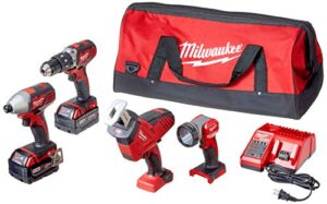 milwaukee 2695-24 m18 18v cordless power tool combo kit with hammer drill, impact driver, reciprocating saw, and work light (2 batteries, charger, and tool case included)