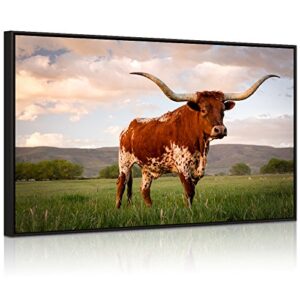 visual art decor large animals canvas wall art texas longhorn in sunset farm picture prints framed and stretched painting for modern home living room decoration (28″x40″ origin)