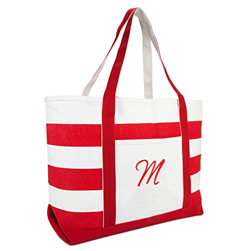 DALIX Beach Tote Bag Shoulder Bags Striped Monogrammed Red Ballent Letter M