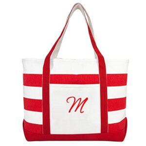 DALIX Beach Tote Bag Shoulder Bags Striped Monogrammed Red Ballent Letter M