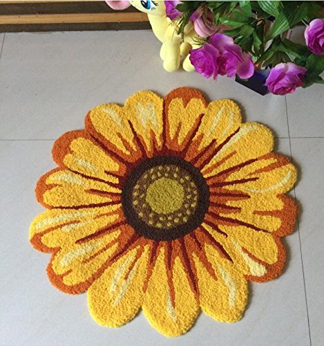 Judy Dre am Yellow Flowers Shape Round Area Rugs Handmade Sunflowers Rug Bedroom/Living Room/Kitchen/Bathroom Floral Floor Mat Non-Slip Washable Doormat 25.6" X 25.6"