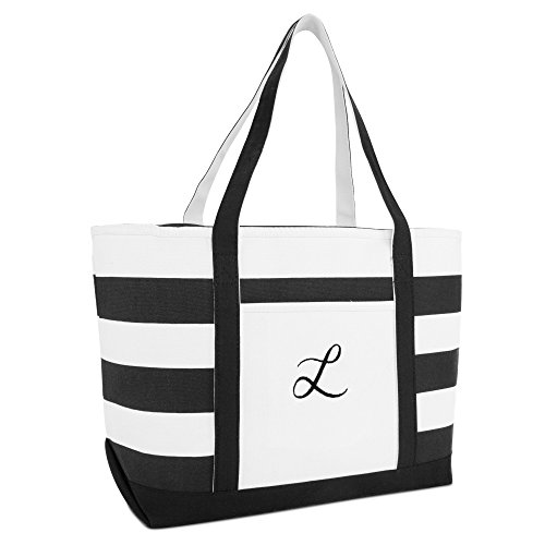 DALIX Striped Beach Bag Tote Bags Satchel Personalized Black Ballent Letter L