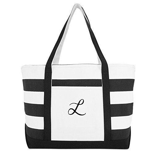 DALIX Striped Beach Bag Tote Bags Satchel Personalized Black Ballent Letter L