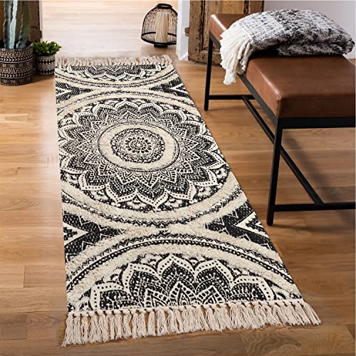 KIMODE Mandala Boho Runner Rug 2x5 Washable Cotton Hand Woven Bedroom Rug Runner Black Throw Rugs Tufting Bohemian Rug for Living Room/Laundry Room/Kitchen/Entryway