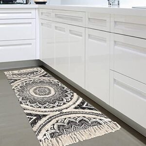 KIMODE Mandala Boho Runner Rug 2x5 Washable Cotton Hand Woven Bedroom Rug Runner Black Throw Rugs Tufting Bohemian Rug for Living Room/Laundry Room/Kitchen/Entryway