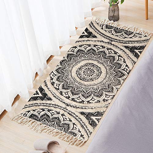 KIMODE Mandala Boho Runner Rug 2x5 Washable Cotton Hand Woven Bedroom Rug Runner Black Throw Rugs Tufting Bohemian Rug for Living Room/Laundry Room/Kitchen/Entryway