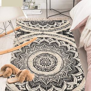 KIMODE Mandala Boho Runner Rug 2x5 Washable Cotton Hand Woven Bedroom Rug Runner Black Throw Rugs Tufting Bohemian Rug for Living Room/Laundry Room/Kitchen/Entryway