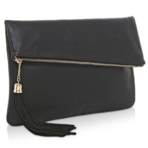 mg collection black clutch purses for women evening or casual handbag with foldover design, zipper and decorative tassel