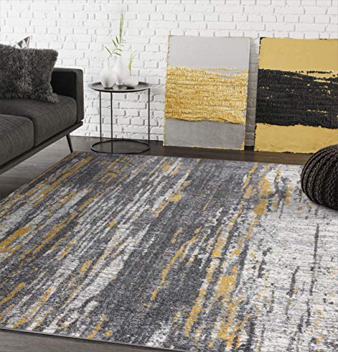 Abani Rugs Grey & Yellow Painted Pattern Area Rug Bold Rugged Contemporary Modern Style Accent, Laguna Collection | Turkish Made Superior Comfort & Construction | Stain Shed Resistant (5' x 7')