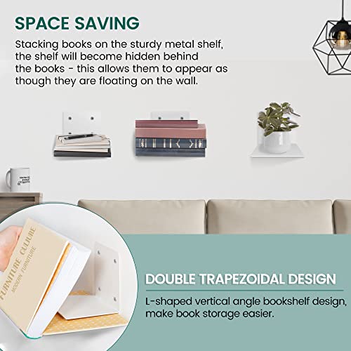 STORAGE MANIAC Invisible Floating Bookshelves Wall Mounted, Heavy-Duty Book Organizers, Iron Wall Mounted Shelves for Bedroom, White 4-Pack Large