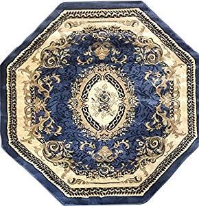 Traditional Octagon Oriental Floral Aubusson Area Rug Persian Light Blue Burgundy Beige Design 602 (4 Feet X 4 Feet)