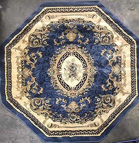 Traditional Octagon Oriental Floral Aubusson Area Rug Persian Light Blue Burgundy Beige Design 602 (4 Feet X 4 Feet)