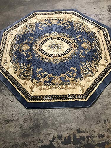 Traditional Octagon Oriental Floral Aubusson Area Rug Persian Light Blue Burgundy Beige Design 602 (4 Feet X 4 Feet)